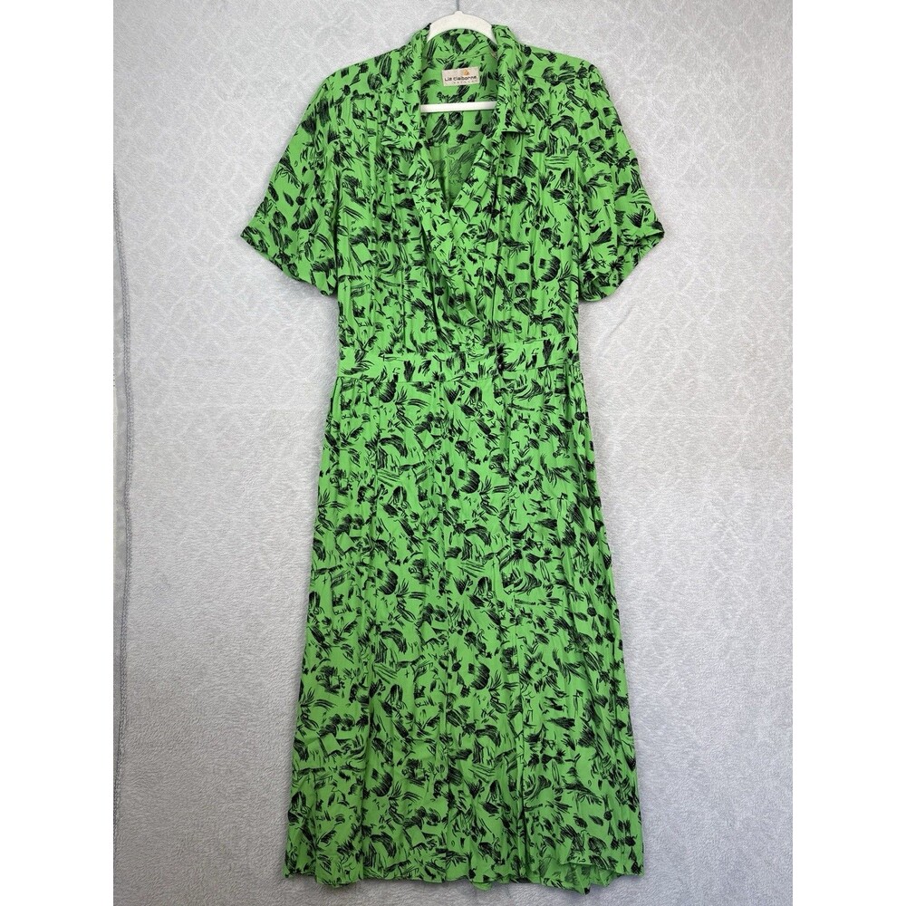 Vtg Liz Claiborne Shirt Dress 12 Green Midi Teacher Twee Retro 80s 90s Modest
